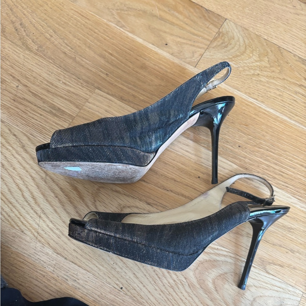Jimmy Choo Black Metallic Peep-Toe Slingback Stilettos
